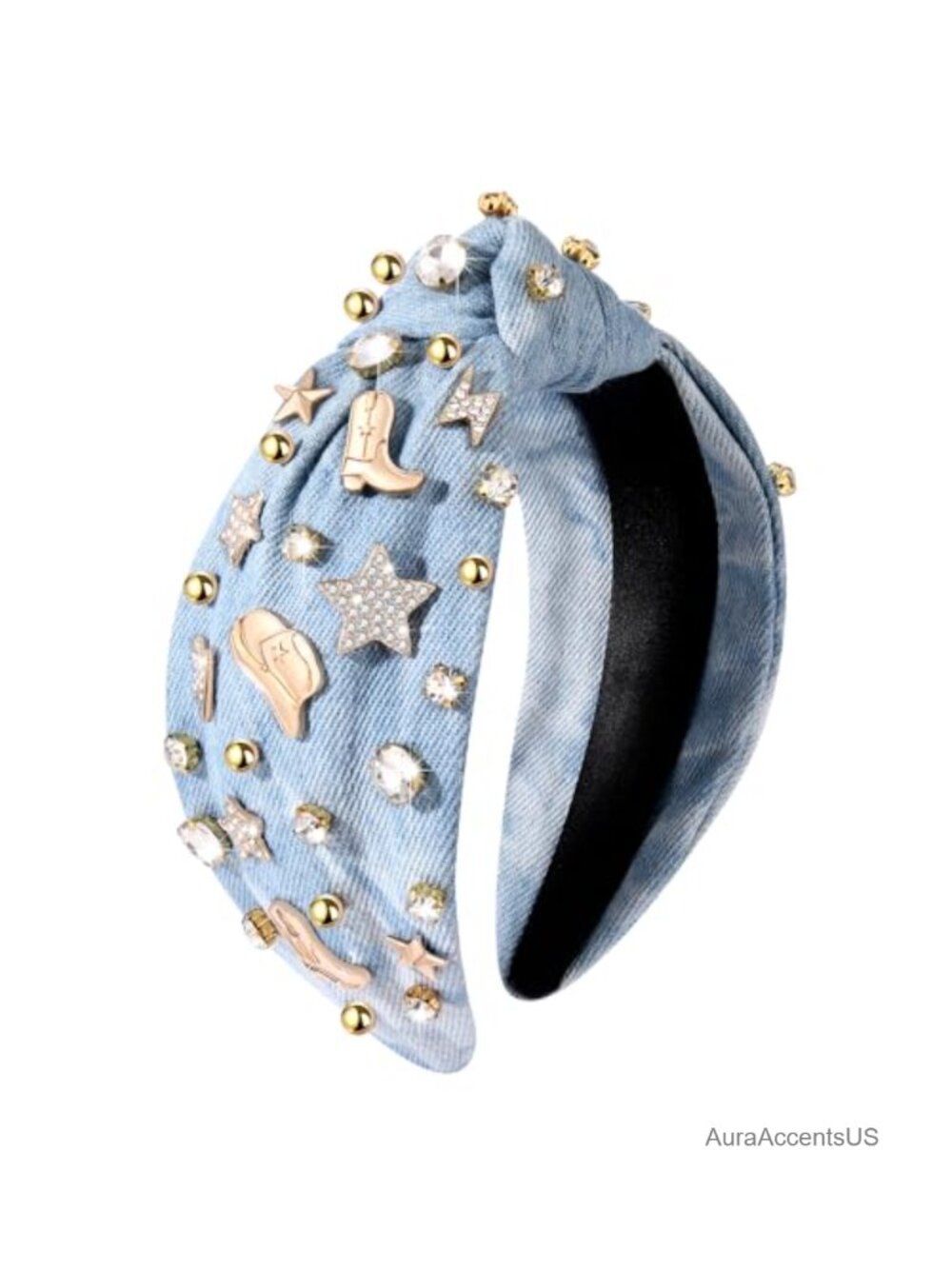 Western Cowgirl Knotted Headband Crystal Denim Hair Accessory for Concert